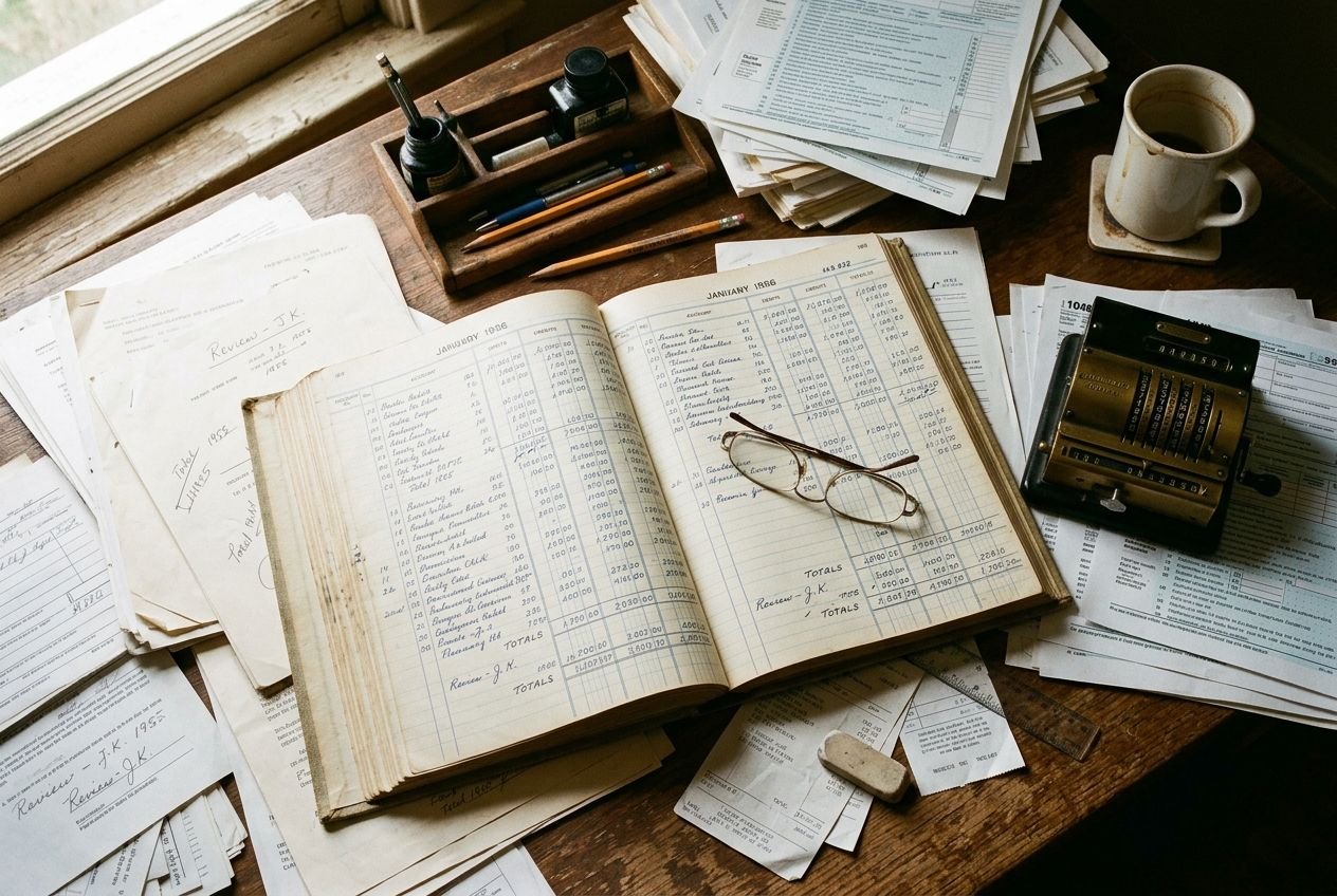 Ledger and financial records on a desk